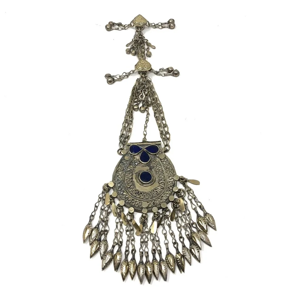 Tribal Amulet Pendant Box Jacket Closure Silver Brass Tone Blue Stone‎